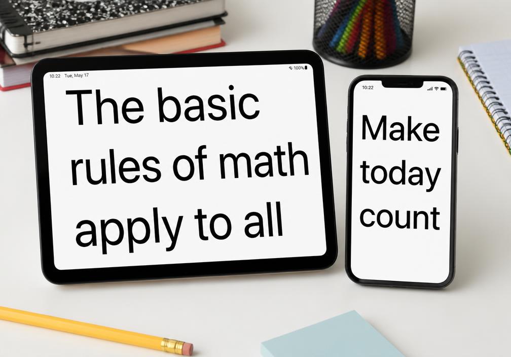 Tablet and smartphone on a desk displaying greatly enlarged high-contrast text using built-in accessibility zoom