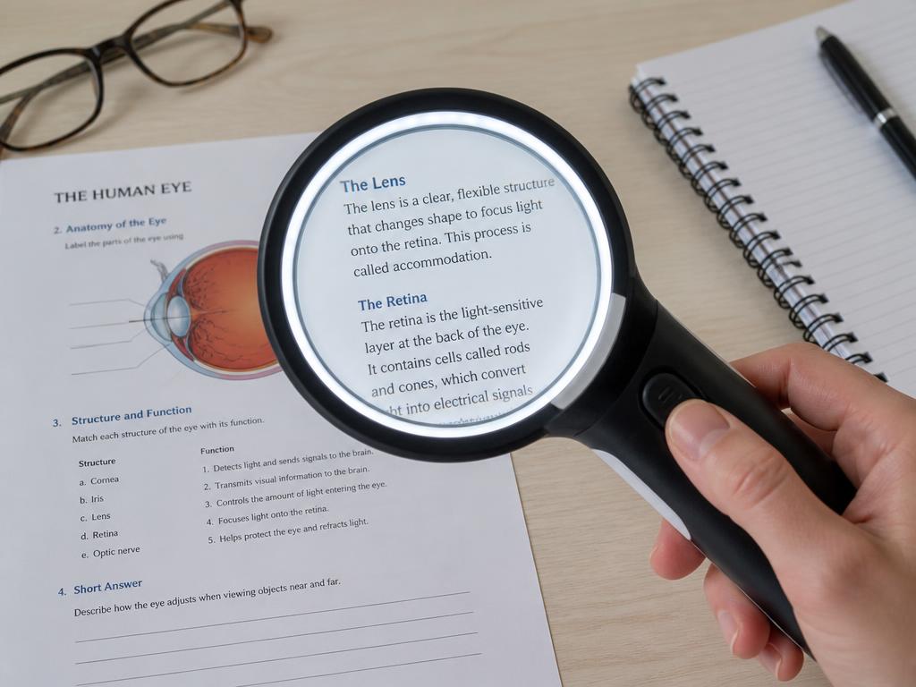 Illuminated handheld optical magnifier held above a printed worksheet, enlarging a block of text through the lens