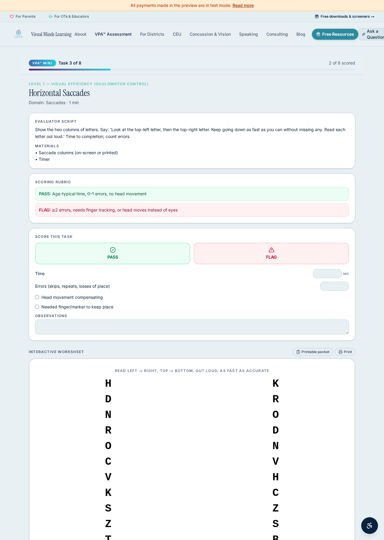 Evaluator script, PASS/FLAG rubric, referral triggers, and the on-screen worksheet in a single view.
